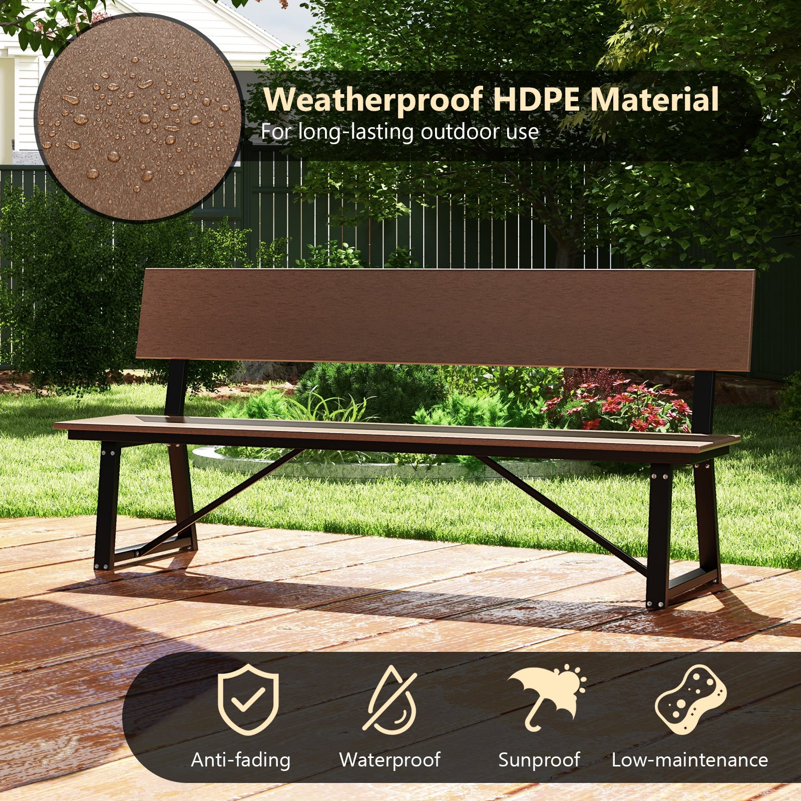 72 Inch Extra Long Bench with All-Weather HDPE Seat & Back for Yard Garden Porch, Brown Outdoor Benches at Gallery Canada