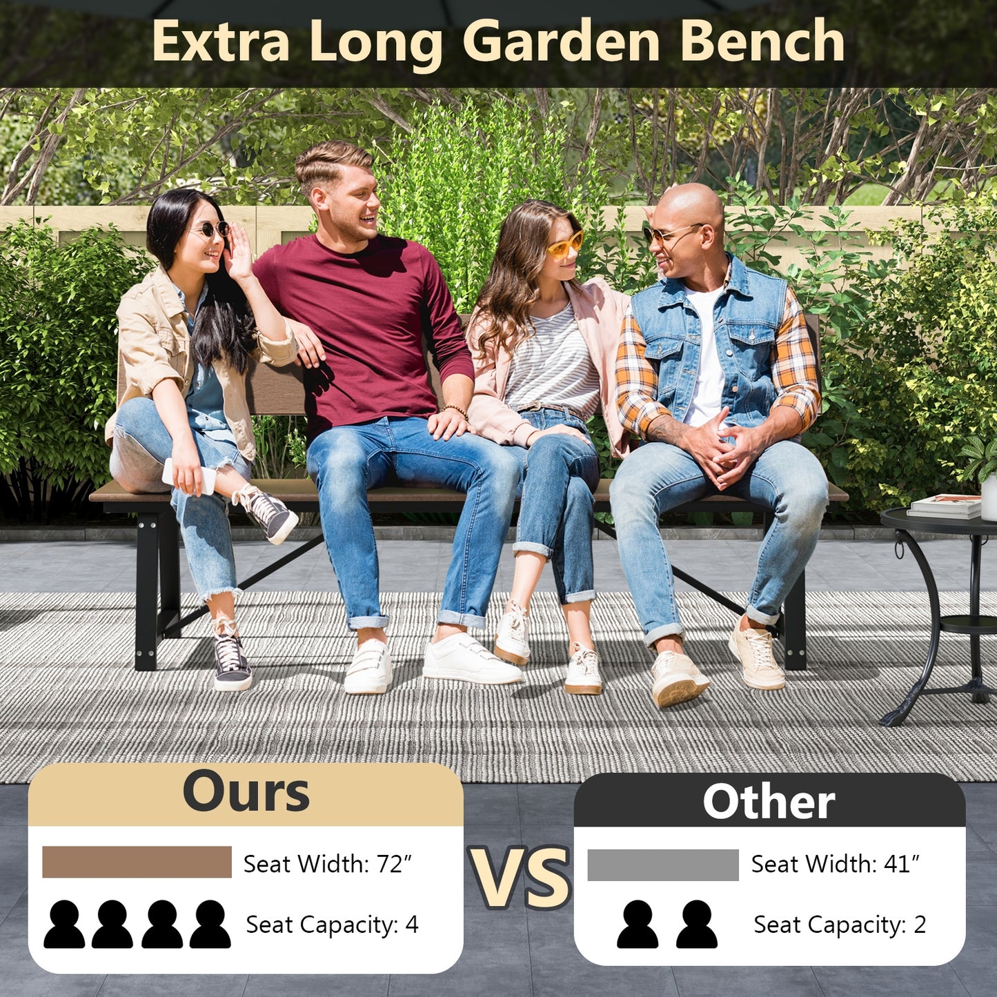 72 Inch Extra Long Bench with All-Weather HDPE Seat & Back for Yard Garden Porch, Brown Outdoor Benches at Gallery Canada