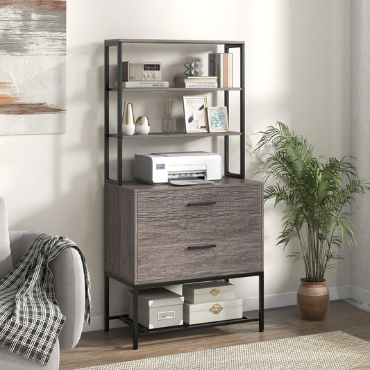 Freestanding File Cabinet with Charging Station and 3-Tier Open Shelves, Gray - Gallery Canada