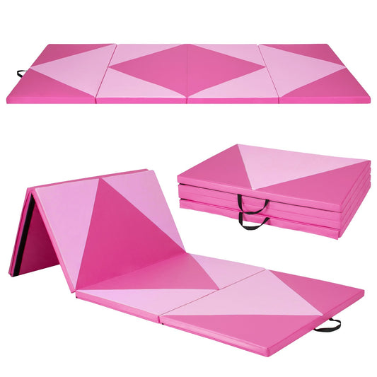 4-Panel PU Leather Folding Exercise Gym Mat with Hook and Loop Fasteners, Pink