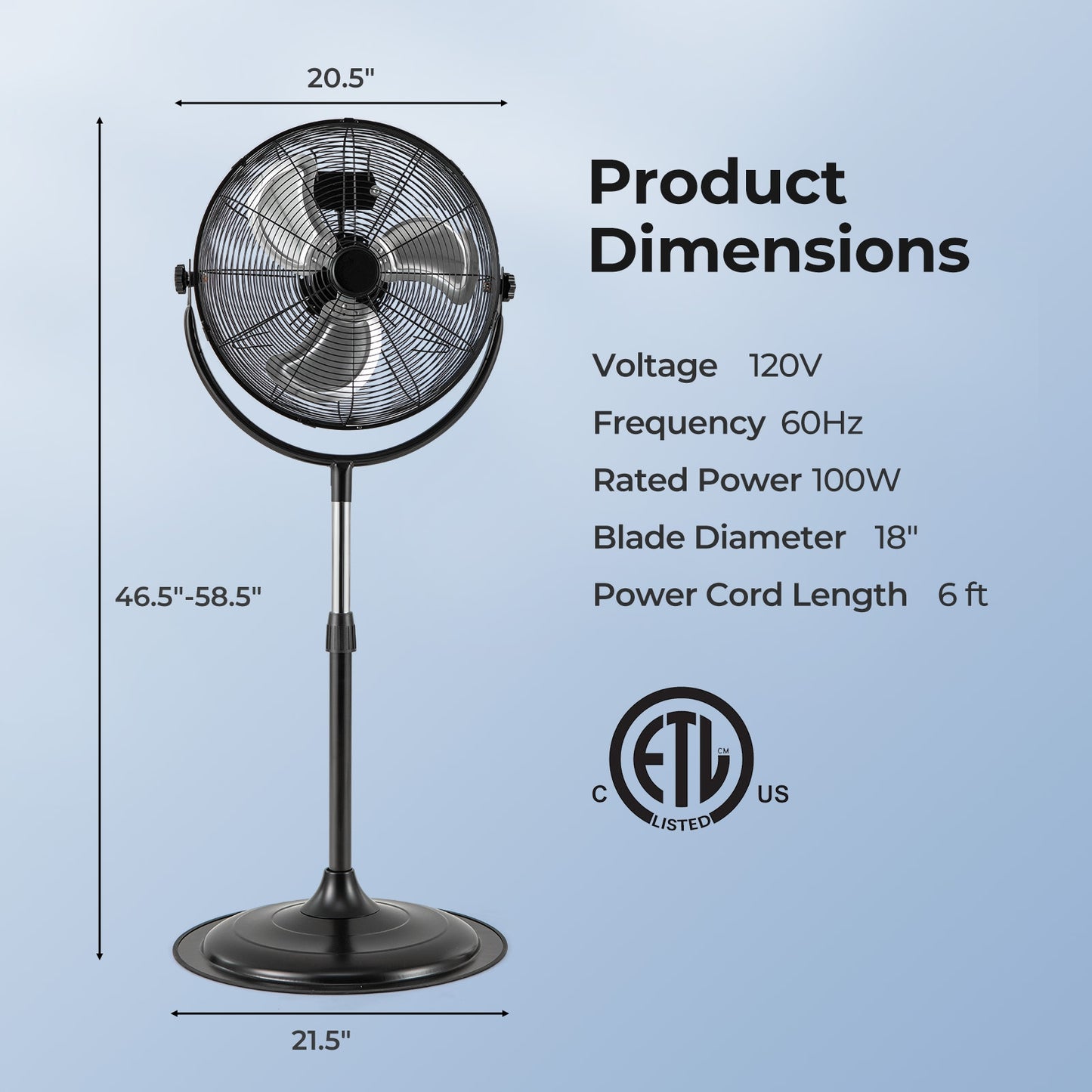 18 Inches High Velocity Pedestal Fan with 3 Speeds and Adjustable Height, Black Fans at Gallery Canada