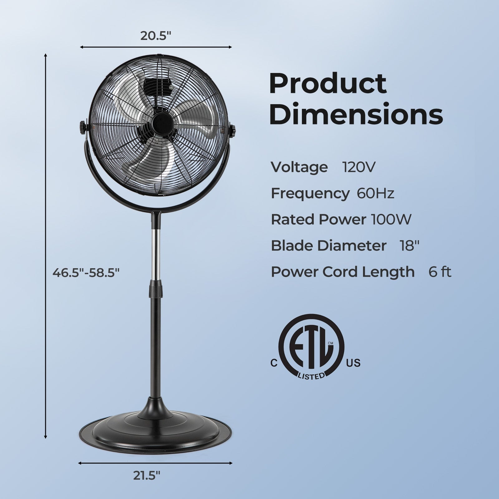 18 Inches High Velocity Pedestal Fan with 3 Speeds and Adjustable Height, Black Fans at Gallery Canada