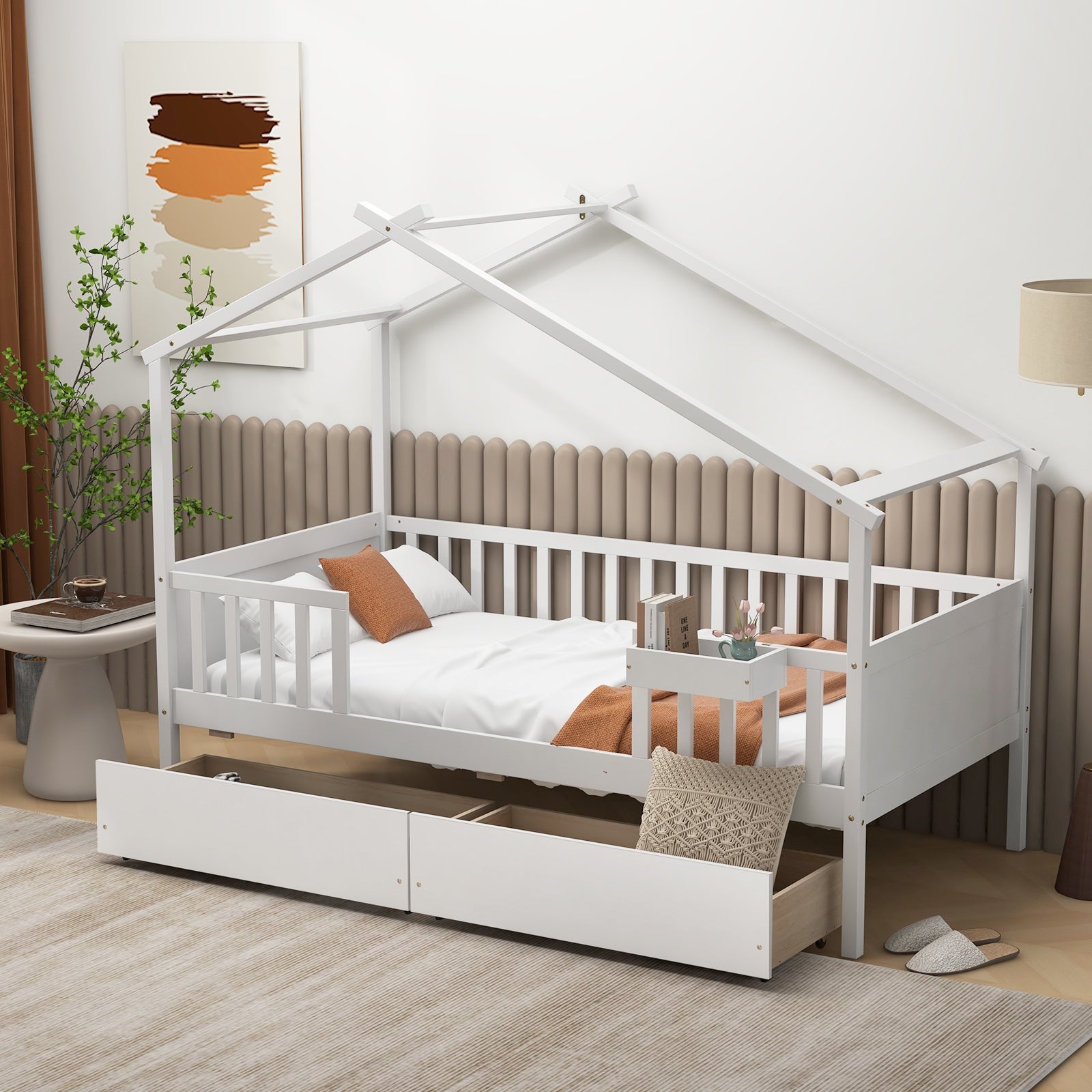 Twin House Bed with 2 Storage Drawers and Roof & Fence Rails, White Simple Bed Frame at Gallery Canada