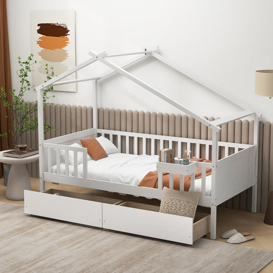 Twin House Bed with 2 Storage Drawers and Roof & Fence Rails, White - Gallery Canada