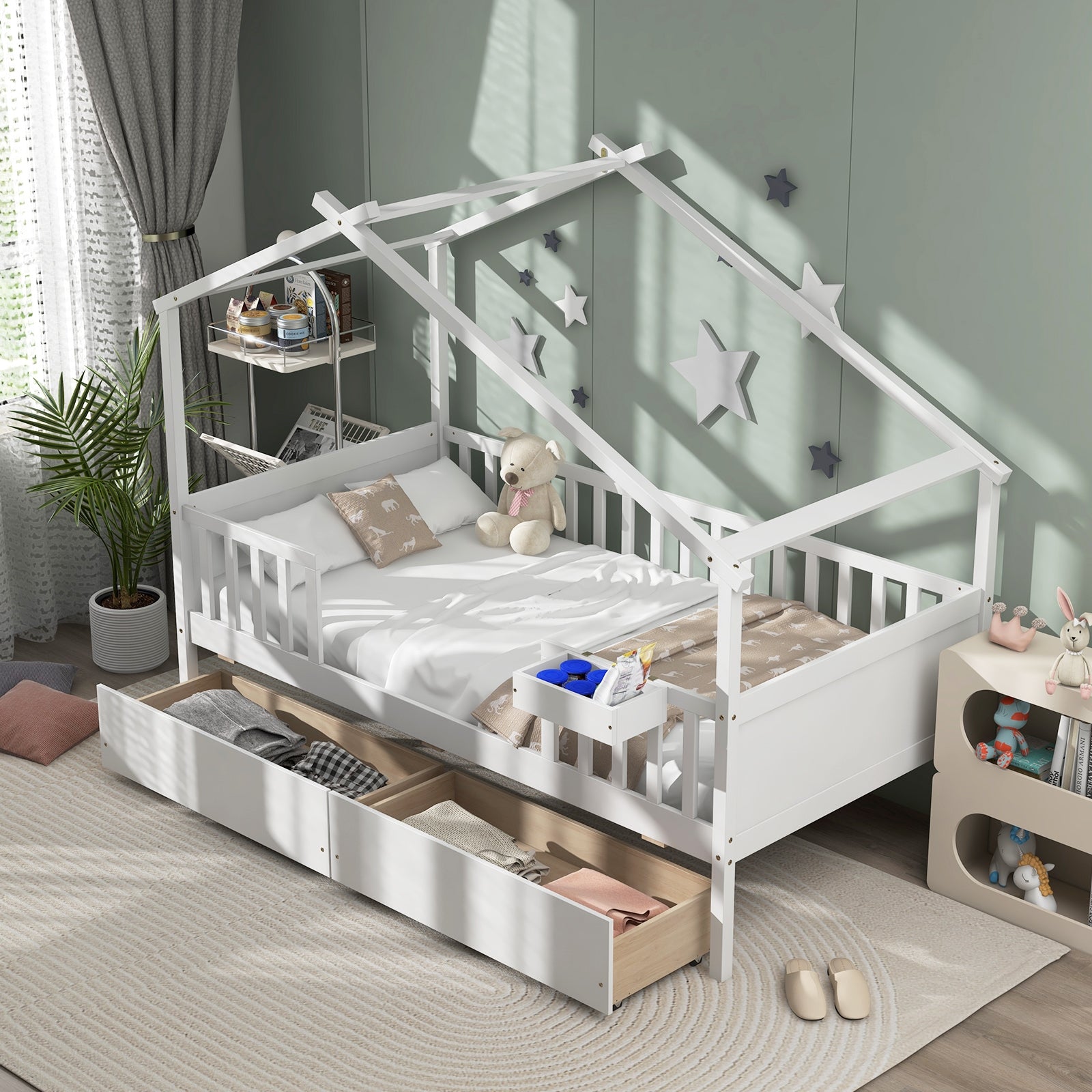 Twin House Bed with 2 Storage Drawers and Roof & Fence Rails, White Simple Bed Frame at Gallery Canada