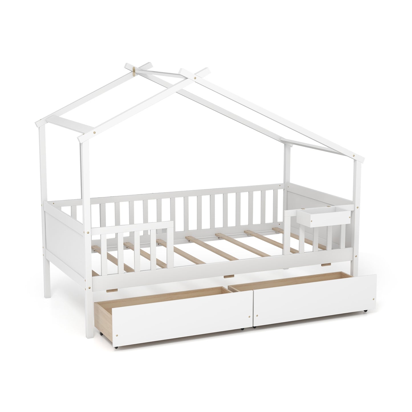 Twin House Bed with 2 Storage Drawers and Roof & Fence Rails, White Simple Bed Frame at Gallery Canada