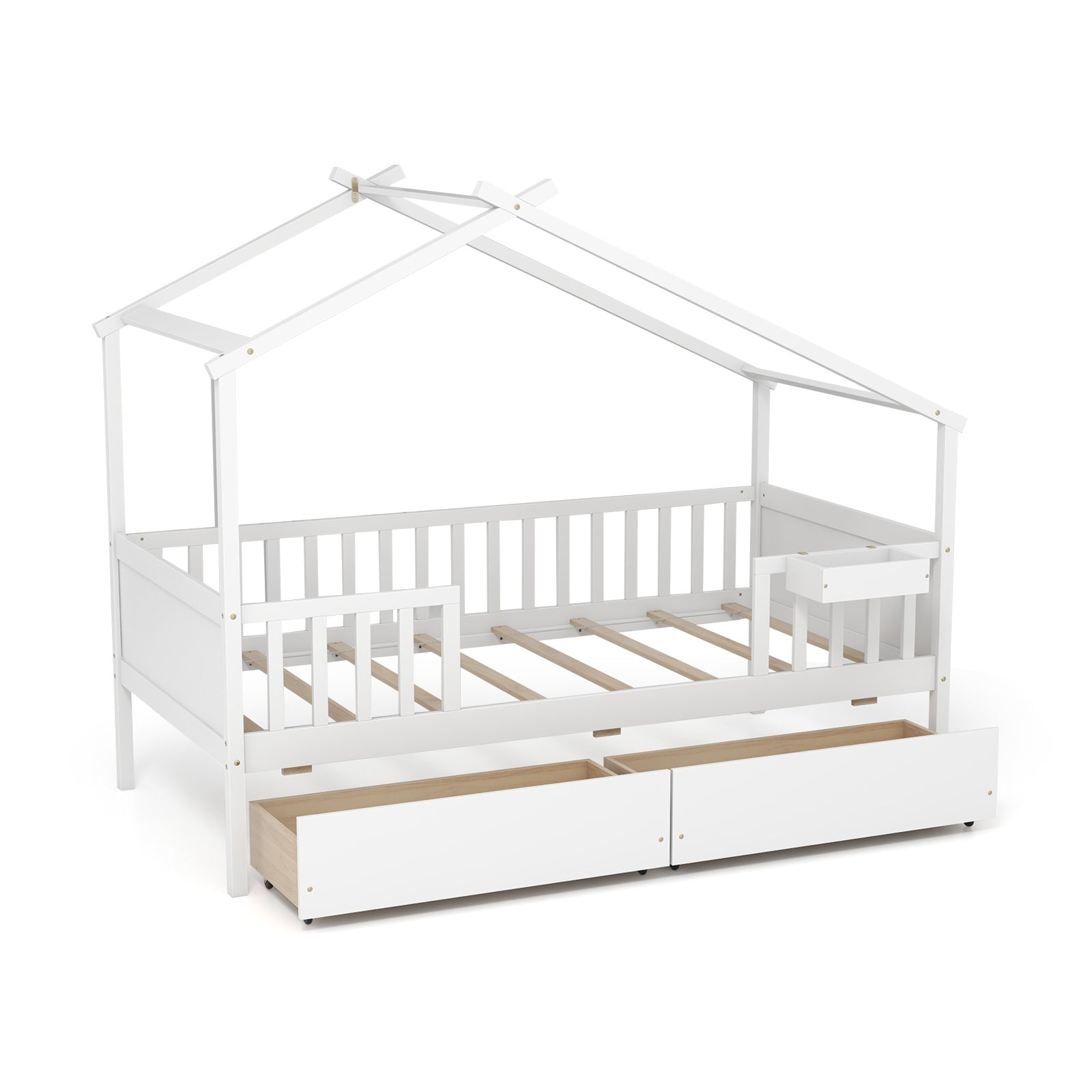 Twin House Bed with 2 Storage Drawers and Roof & Fence Rails, White Simple Bed Frame at Gallery Canada