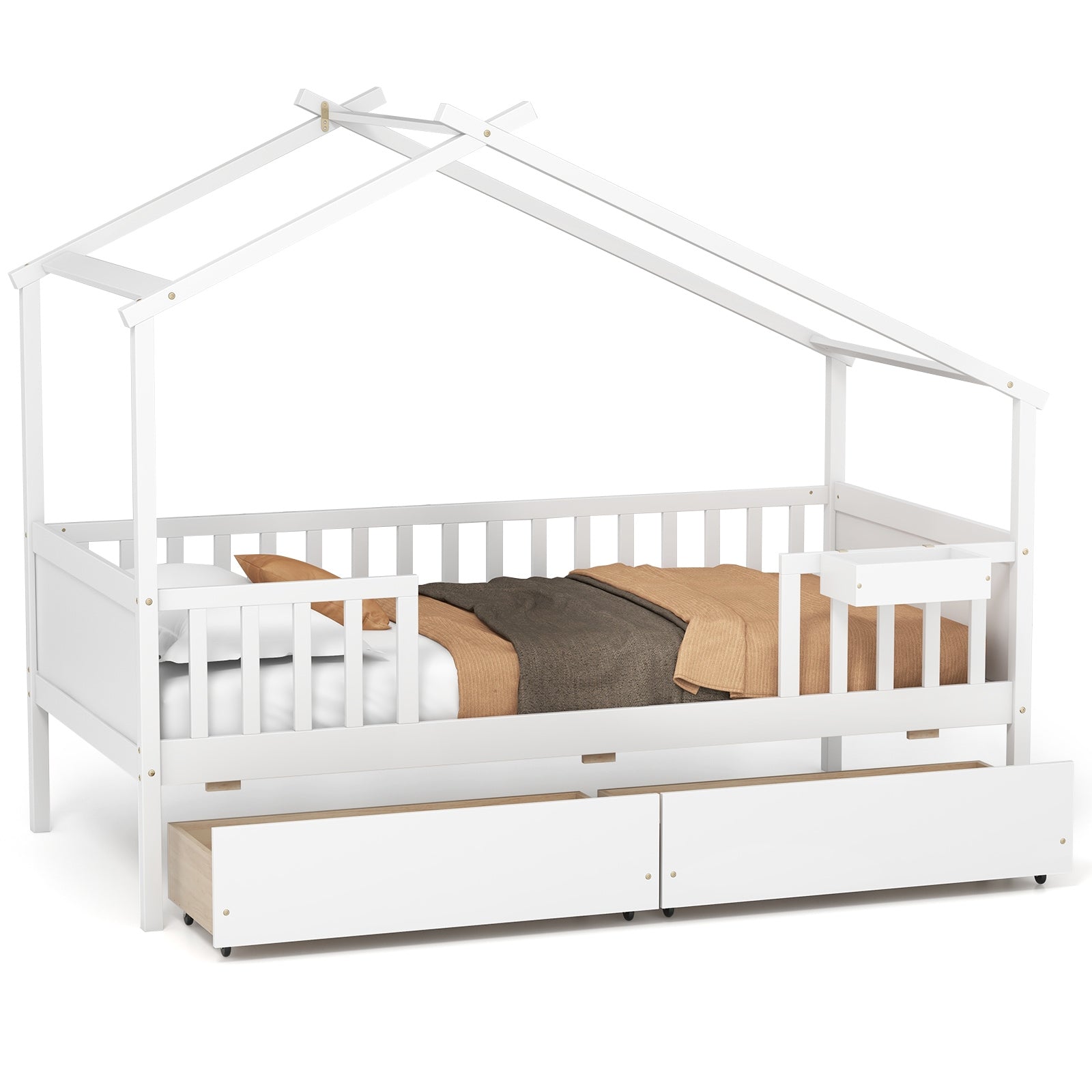 Twin House Bed with 2 Storage Drawers and Roof & Fence Rails, White Simple Bed Frame at Gallery Canada