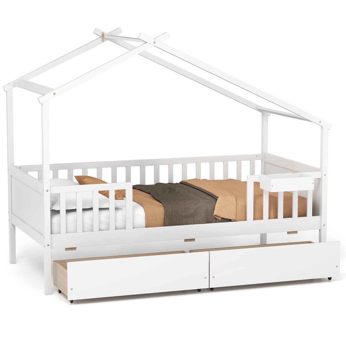 Twin House Bed with 2 Storage Drawers and Roof & Fence Rails, White Simple Bed Frame at Gallery Canada