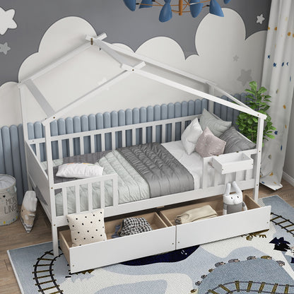 Twin House Bed with 2 Storage Drawers and Roof & Fence Rails, White Simple Bed Frame at Gallery Canada