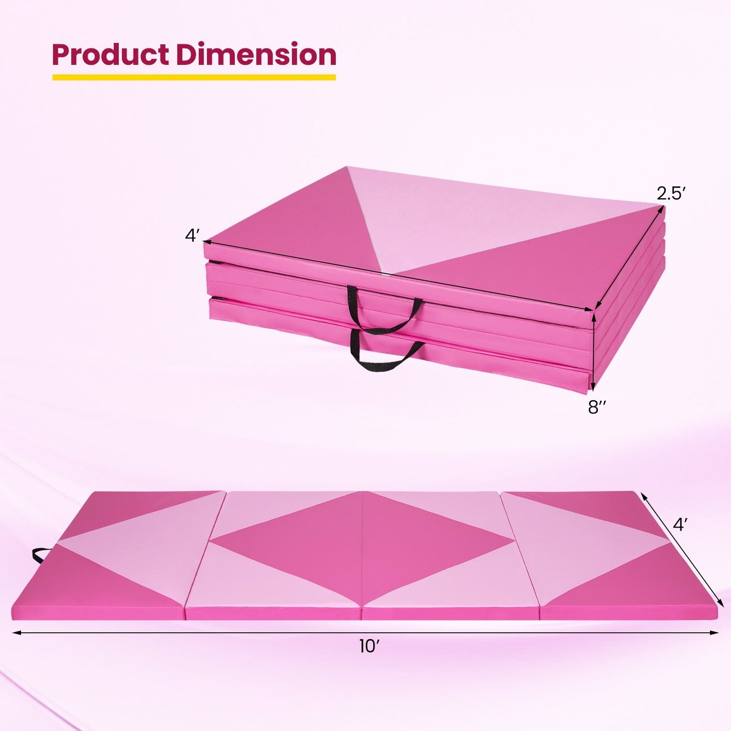 4-Panel PU Leather Folding Exercise Gym Mat with Hook and Loop Fasteners, Pink