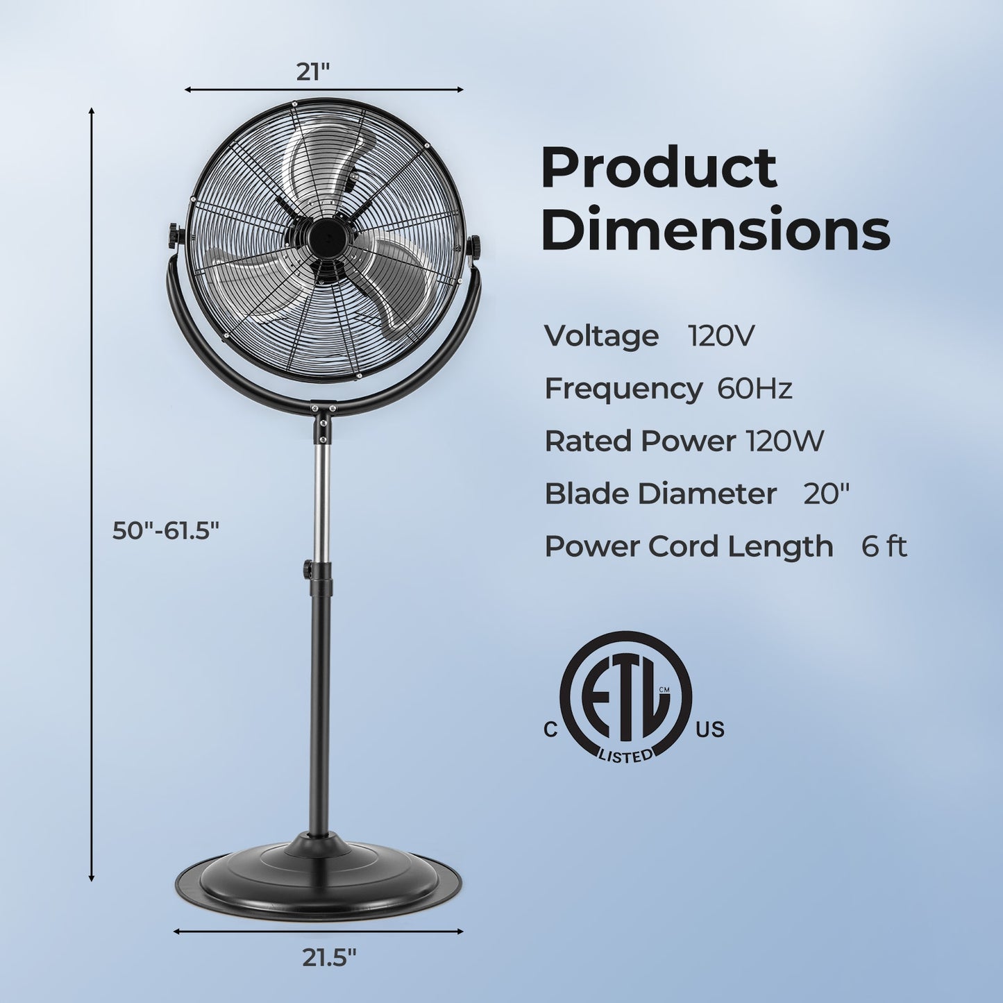 20 Inches High Velocity Pedestal Fan with 3 Speeds and Adjustable Height, Black Fans at Gallery Canada