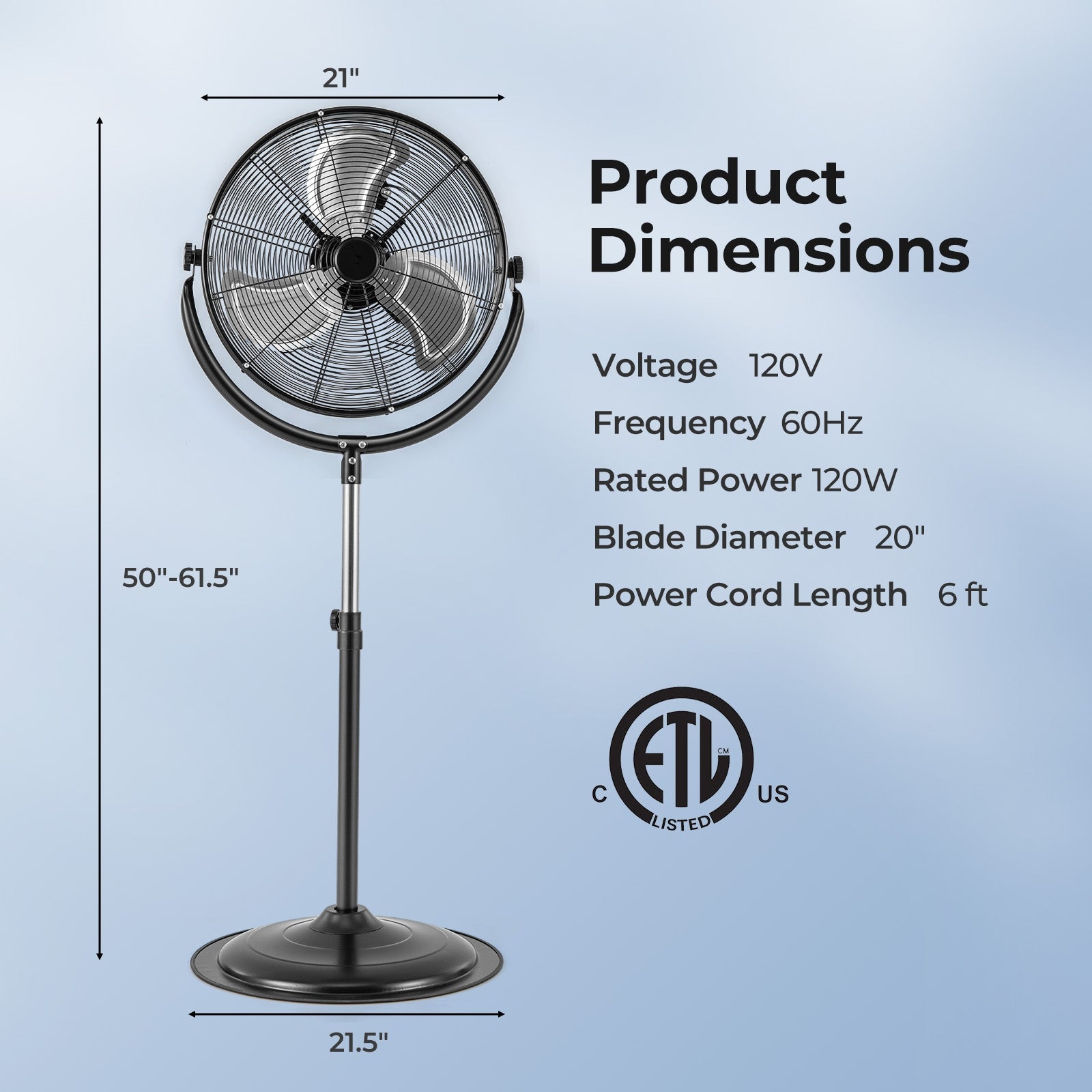 20 Inches High Velocity Pedestal Fan with 3 Speeds and Adjustable Height, Black Fans at Gallery Canada