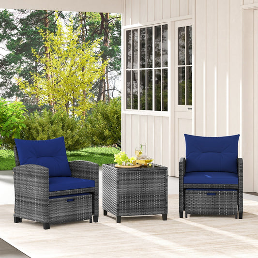 5 Piece Patio Rattan Furniture with 2 Ottomans and Tempered Glass Coffee Table, Navy - Gallery Canada