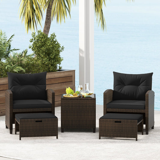 5 Pieces Patio Rattan Furniture with 2 Ottomans and Tempered Glass Coffee Table, Black - Gallery Canada