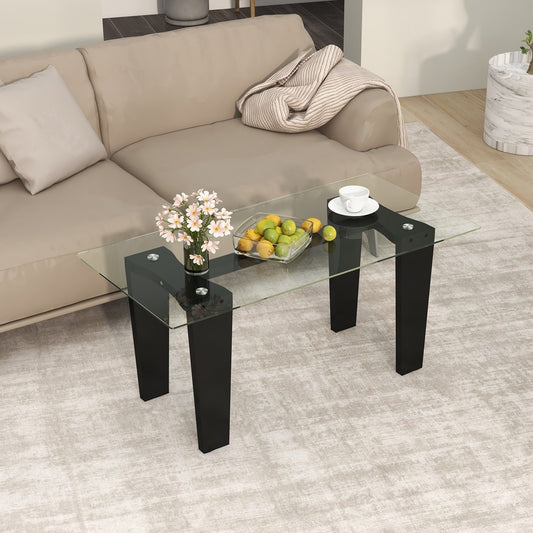 39.5 Inch Glass Coffee Table Modern Rectangular Center Table with Solid Rubber Wood Legs, Black - Gallery Canada