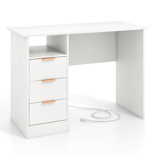 Home Office Desk with Power Outlet 3 Storage Drawers and Open Compartment, White - Gallery Canada