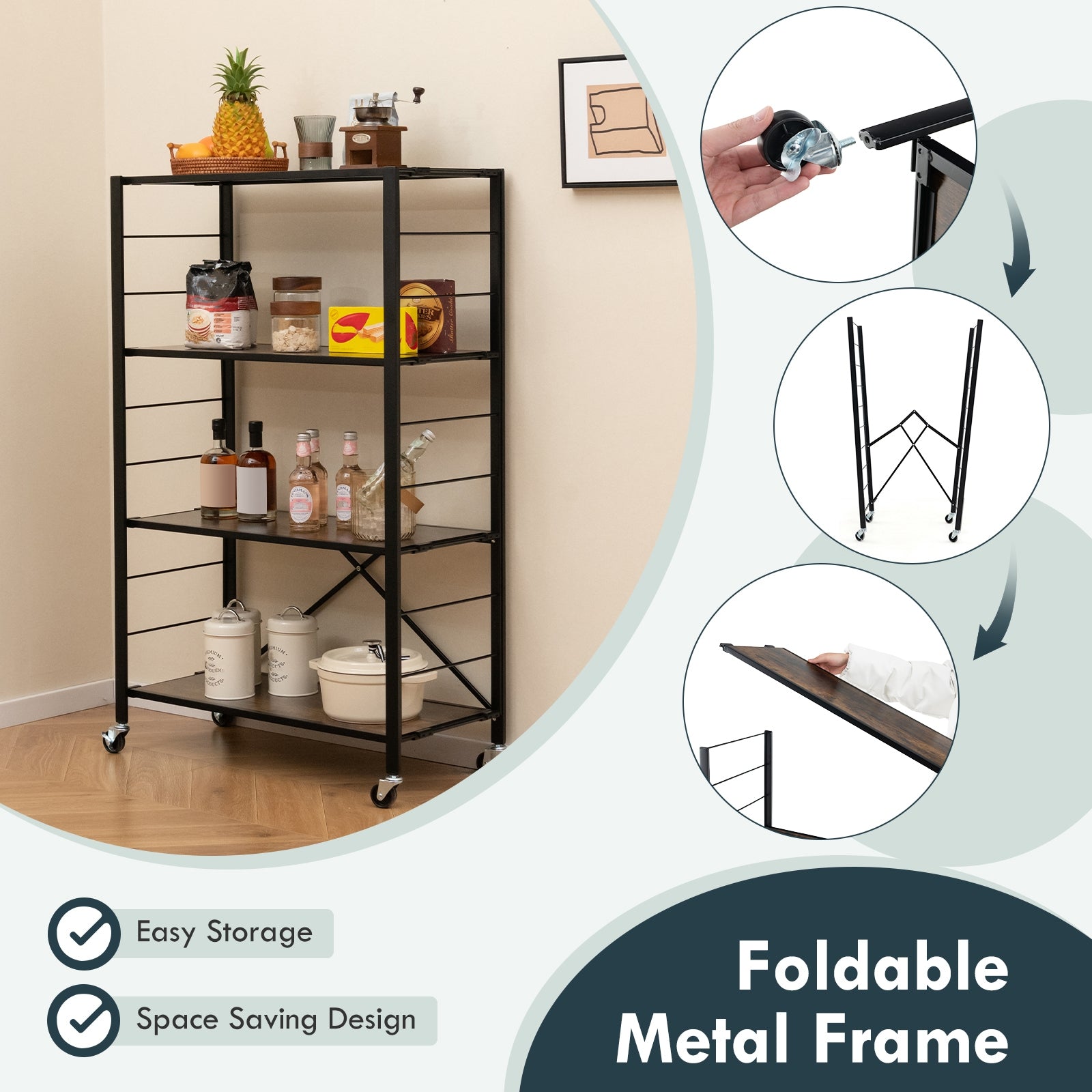 4-tier Foldable Storage Shelf for Tool Room Kitchen Living Room, Black Cabinets & Chests at Gallery Canada