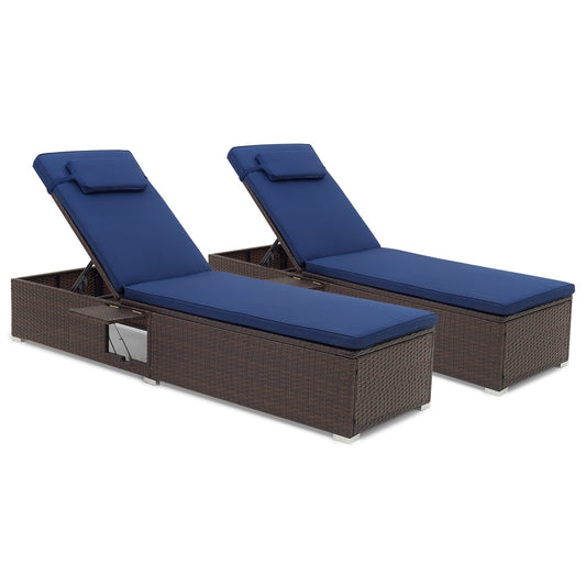 Patio Chaise Lounge Set, 2 Seats With Cushion And Headrest, Navy