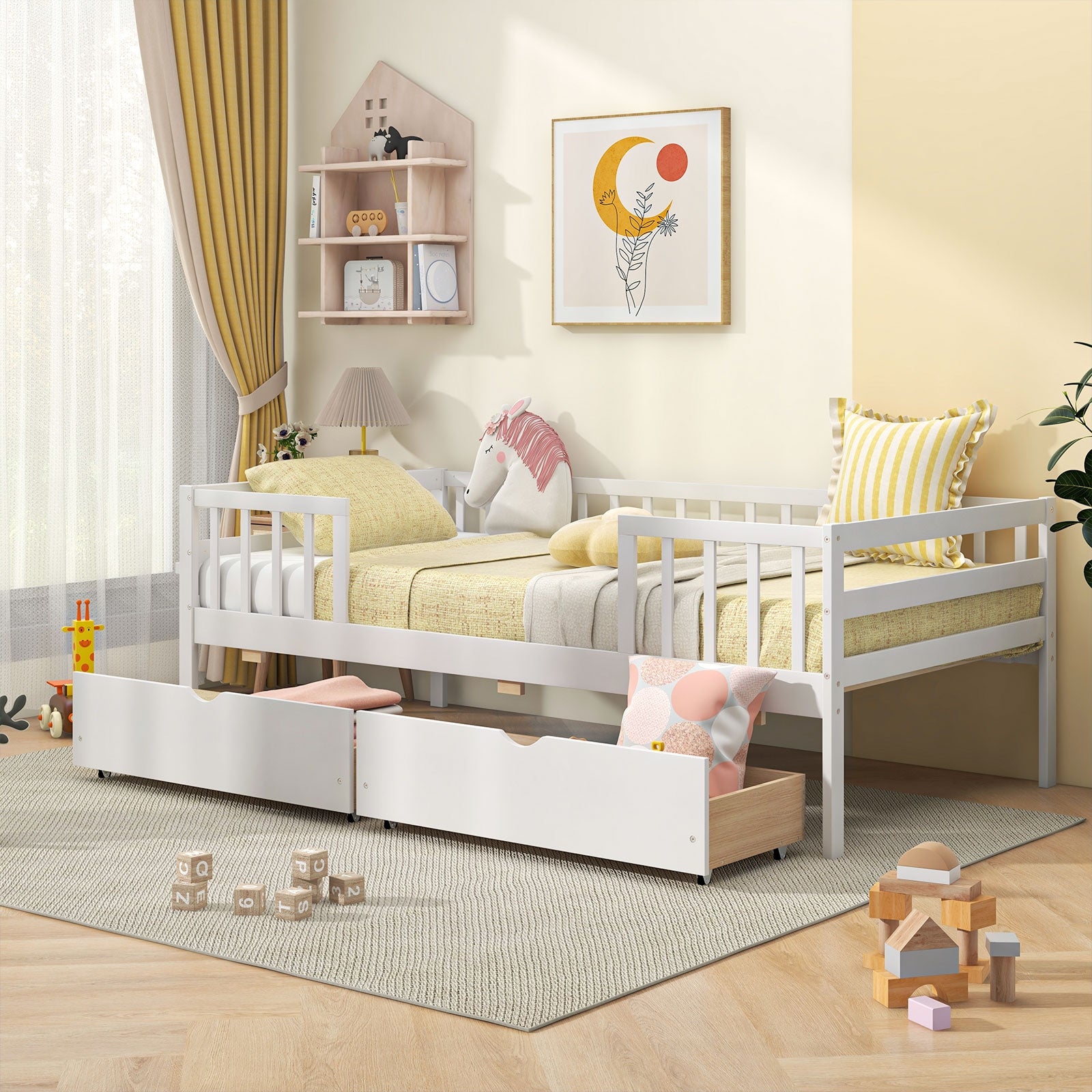 Twin Daybed with Fence and 2 Drawers Kids Bed for Boys & Girls, White Trundle Bed Frame at Gallery Canada