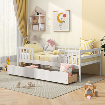 Twin Daybed with Fence and 2 Drawers Kids Bed for Boys & Girls, White Trundle Bed Frame at Gallery Canada