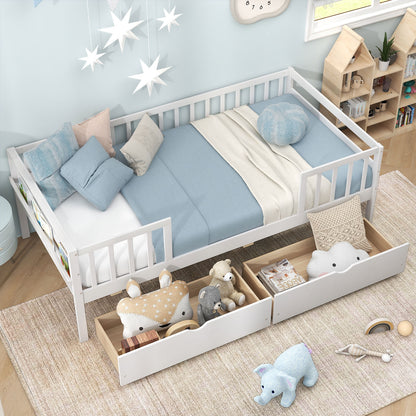 Twin Daybed with Fence and 2 Drawers Kids Bed for Boys & Girls, White Trundle Bed Frame at Gallery Canada