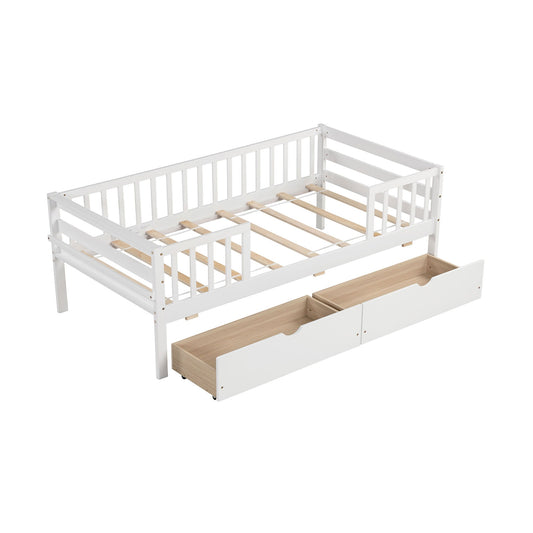 Twin Daybed with Fence and 2 Drawers Kids Bed for Boys & Girls, White Trundle Bed Frame White at Gallery Canada