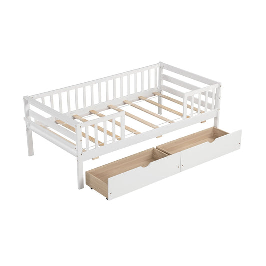 Twin Daybed With Fence And 2 Drawers, White Trundle Bed Frame White at Gallery Canada