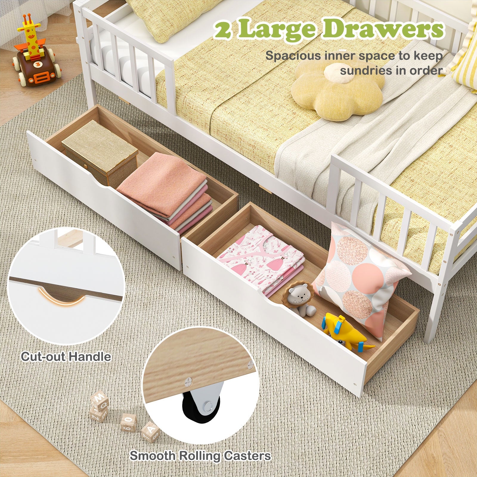 Twin Daybed with Fence and 2 Drawers Kids Bed for Boys & Girls, White Trundle Bed Frame at Gallery Canada