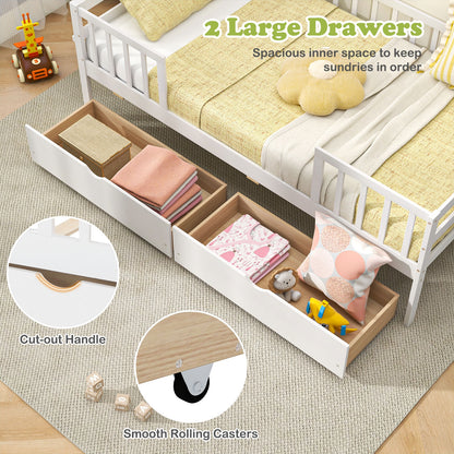 Twin Daybed with Fence and 2 Drawers Kids Bed for Boys & Girls, White Trundle Bed Frame at Gallery Canada