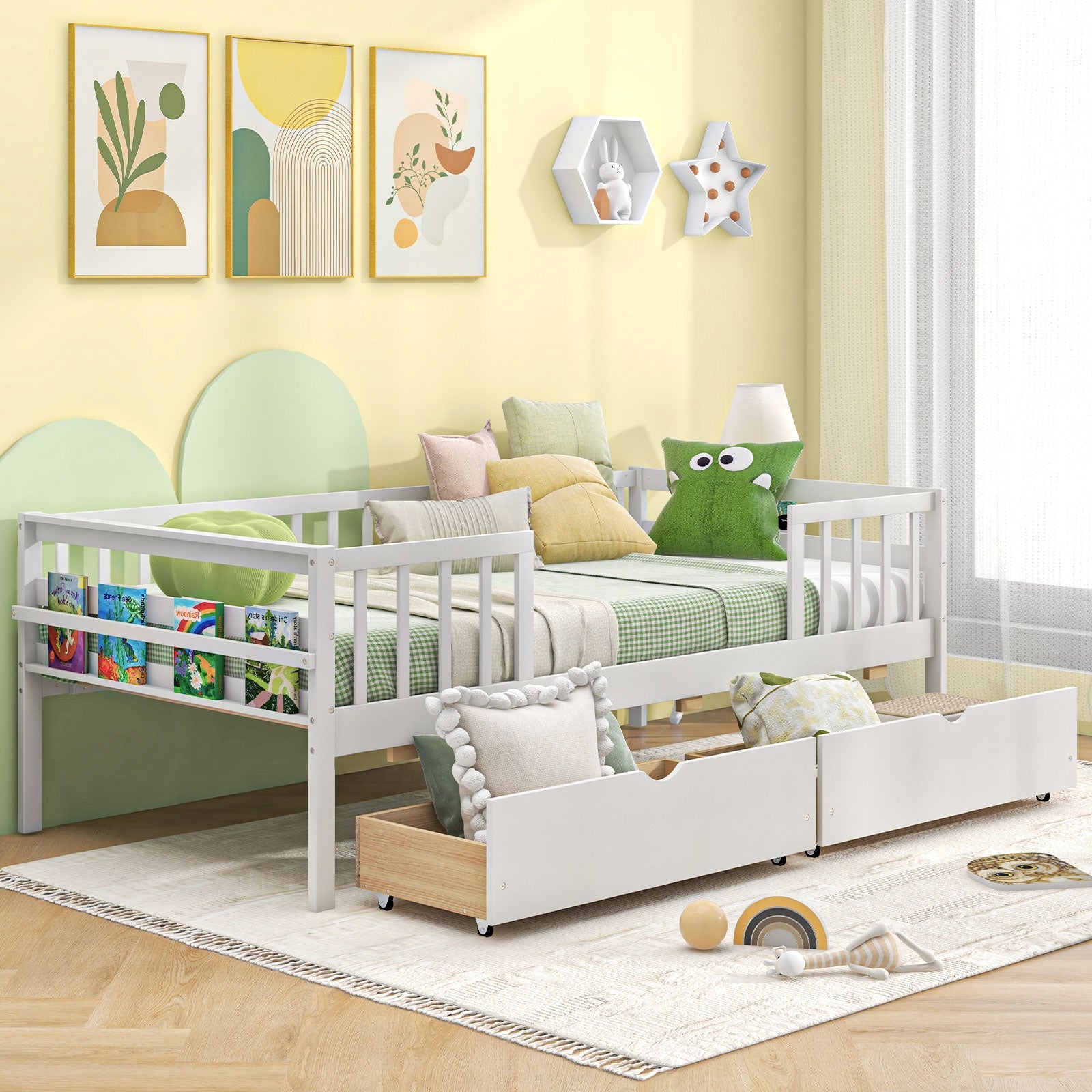 Twin Daybed with Fence and 2 Drawers Kids Bed for Boys & Girls, White Trundle Bed Frame at Gallery Canada