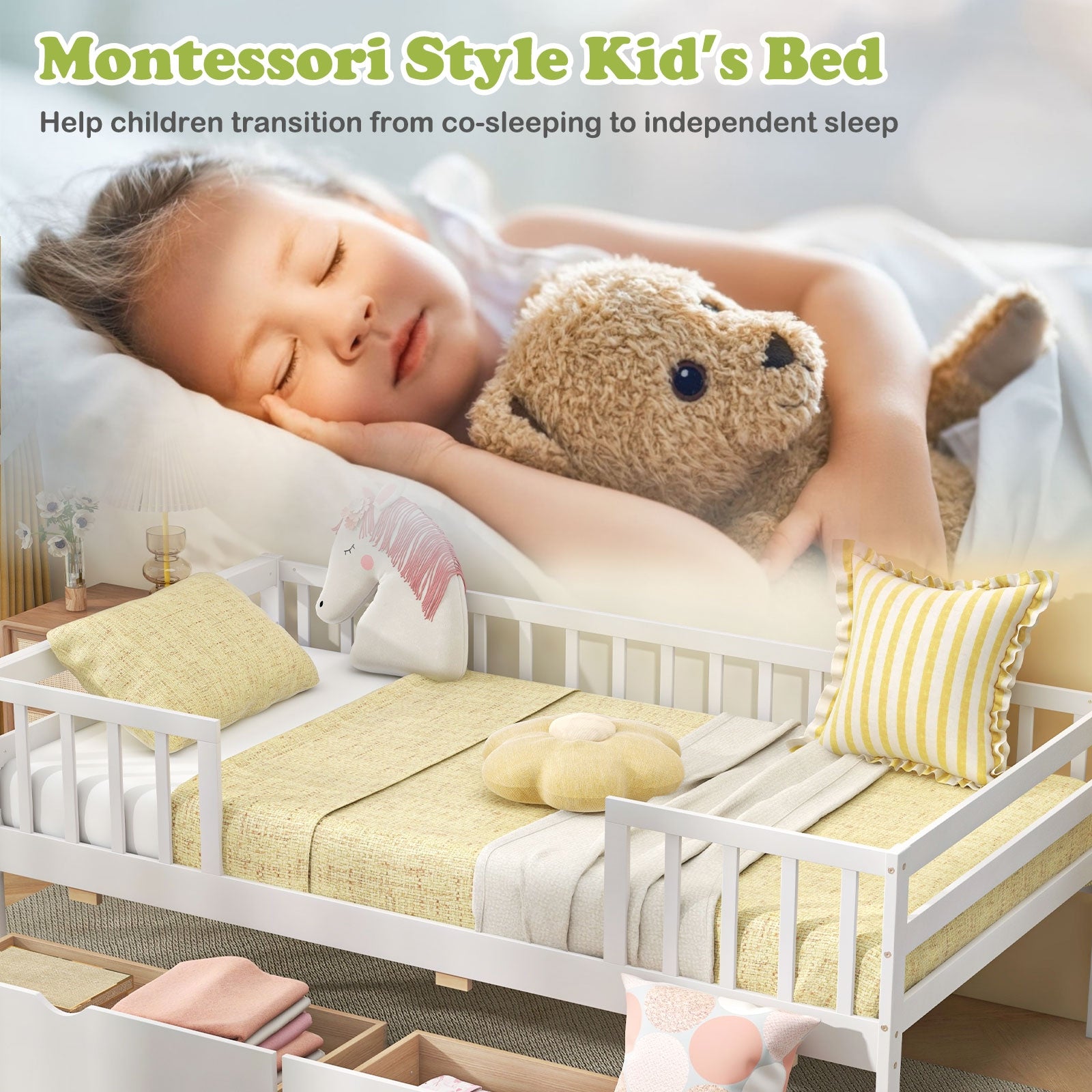 Twin Daybed with Fence and 2 Drawers Kids Bed for Boys & Girls, White Trundle Bed Frame at Gallery Canada