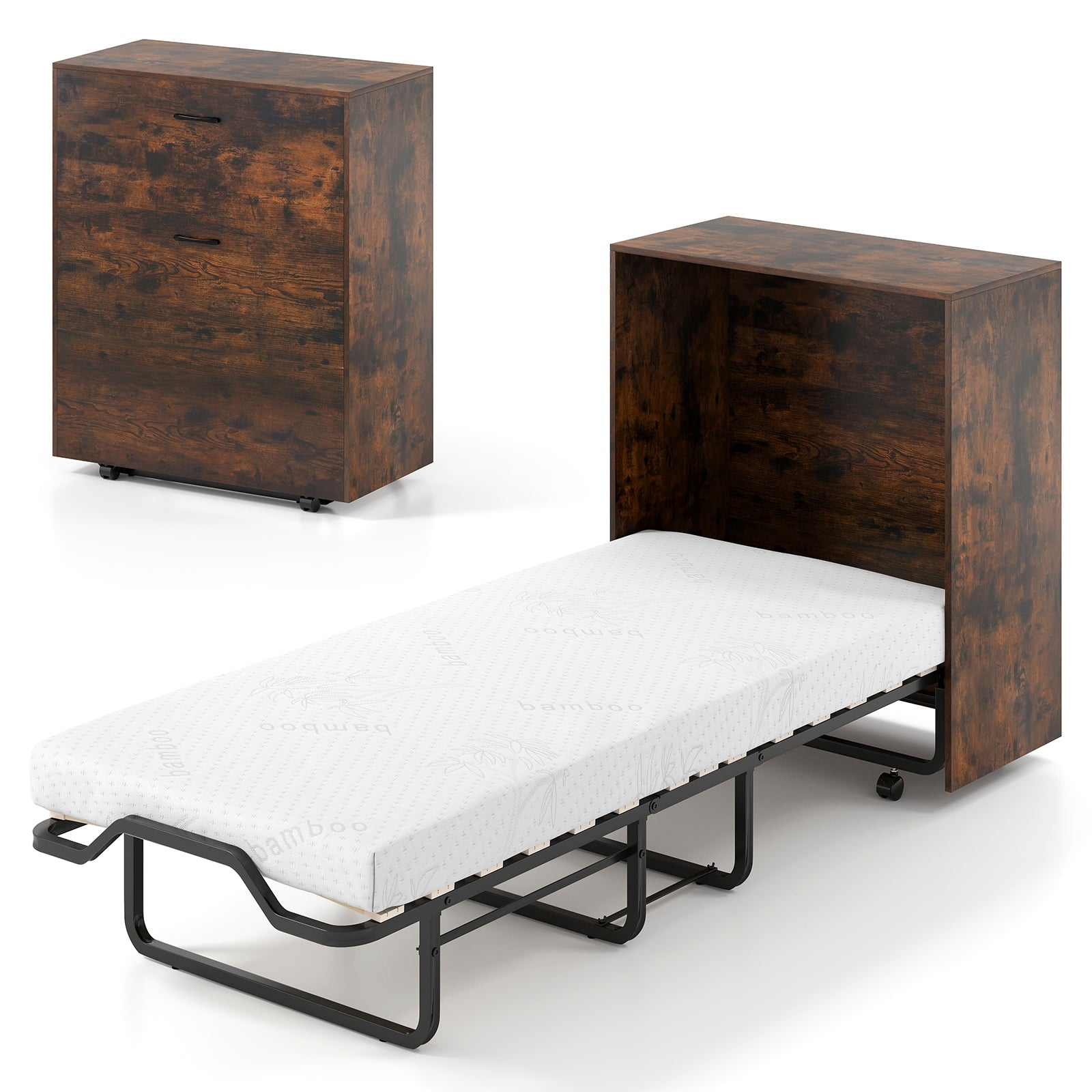 Cot Size Murphy Bed with Foldable Bed and Lockable Wheels, Rustic Brown Folding Beds at Gallery Canada