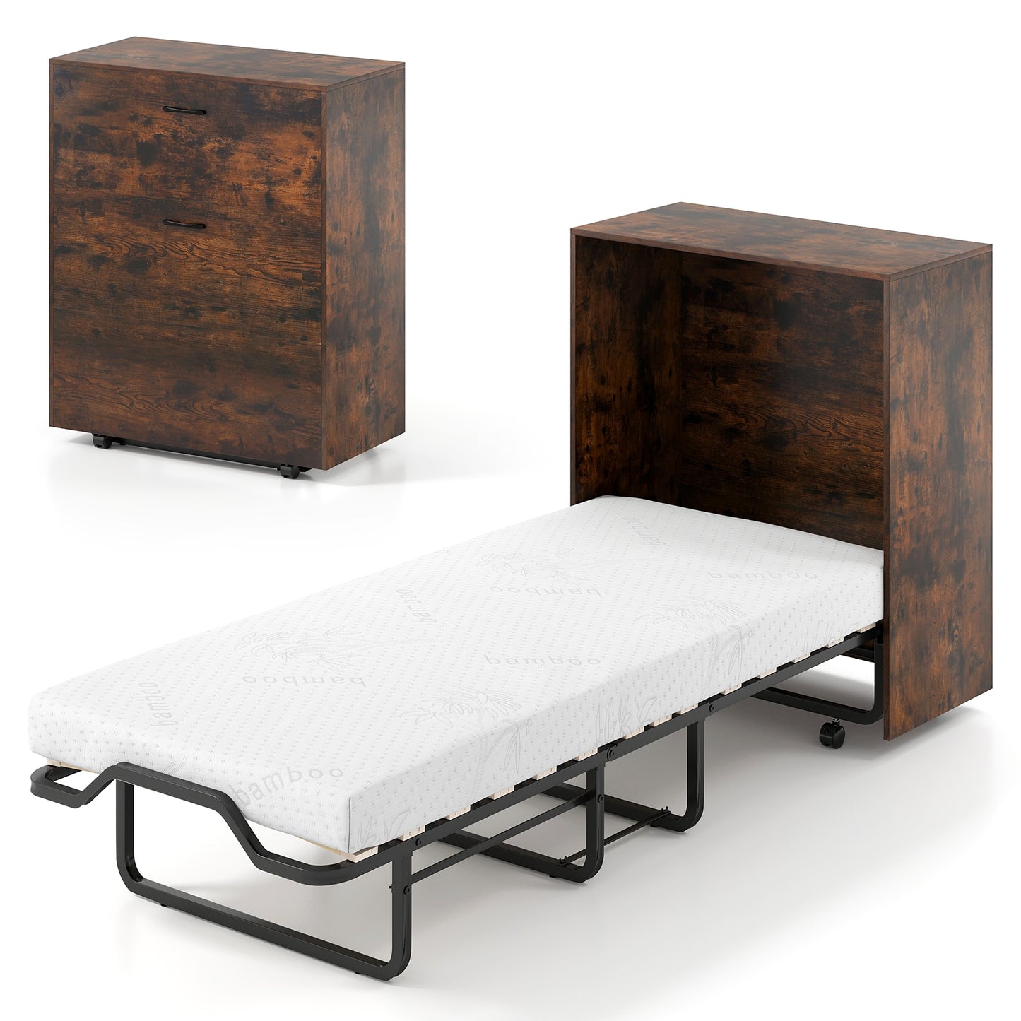 Cot Size Murphy Bed with Foldable Bed and Lockable Wheels, Rustic Brown Folding Beds at Gallery Canada