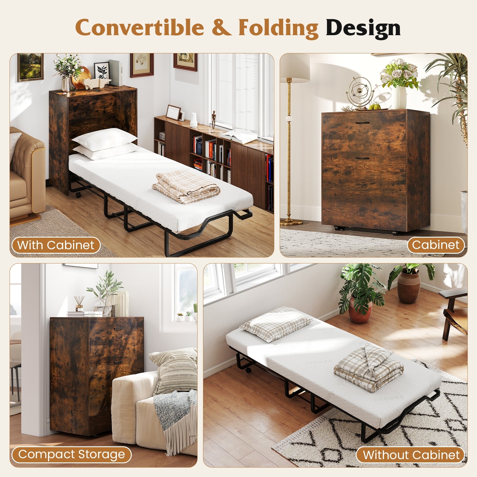 Cot Size Murphy Bed with Foldable Bed and Lockable Wheels, Rustic Brown Folding Beds at Gallery Canada