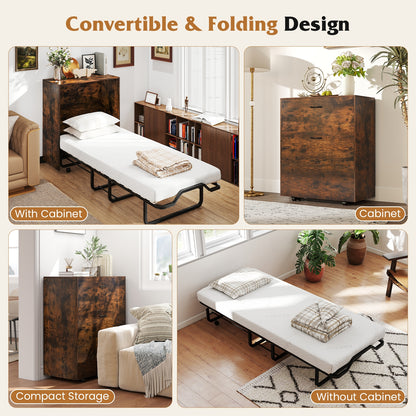 Cot Size Murphy Bed with Foldable Bed and Lockable Wheels, Rustic Brown Folding Beds at Gallery Canada