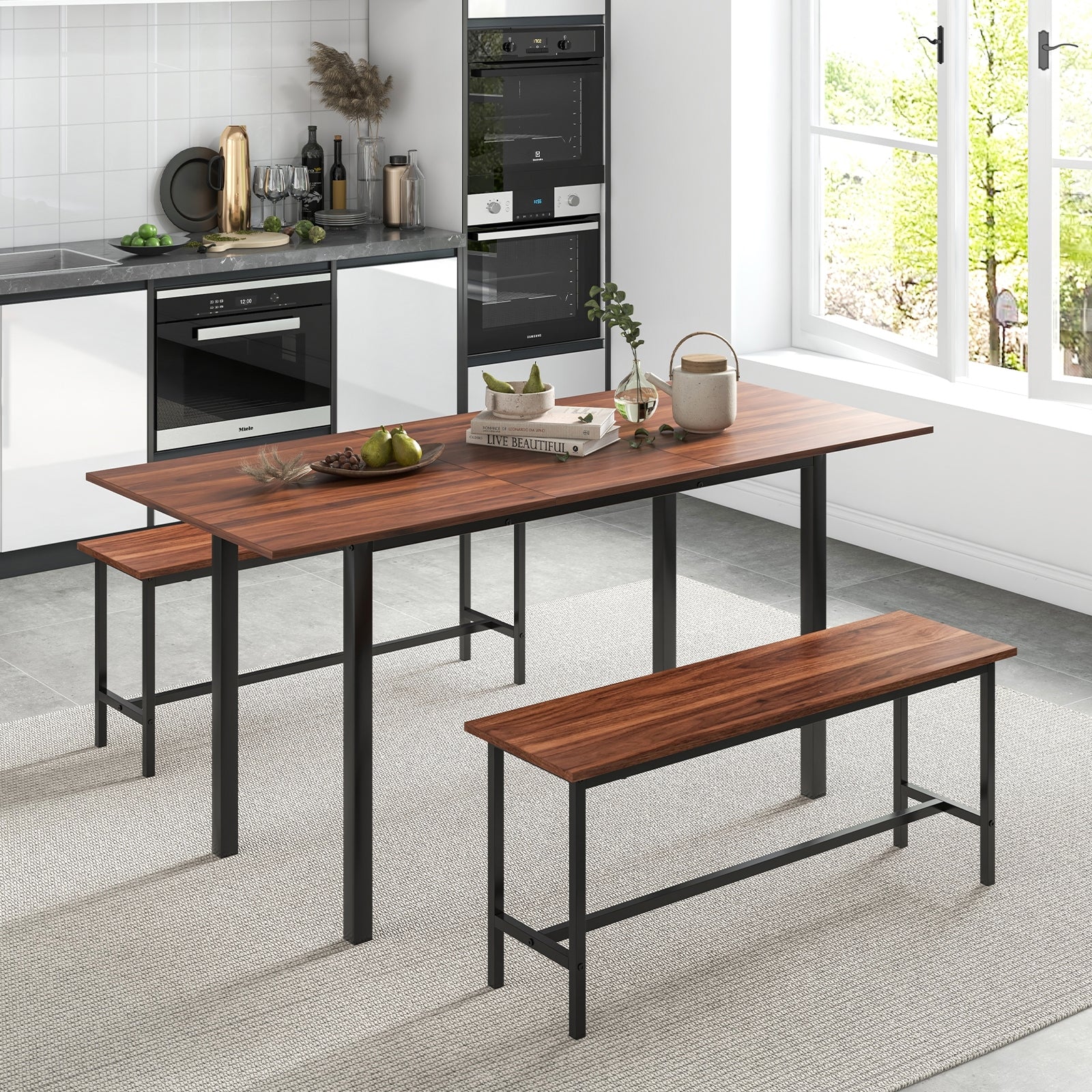 3 Piece Dining Table Set for 4-6 with 2 Benches, Walnut Dining Room Sets at Gallery Canada