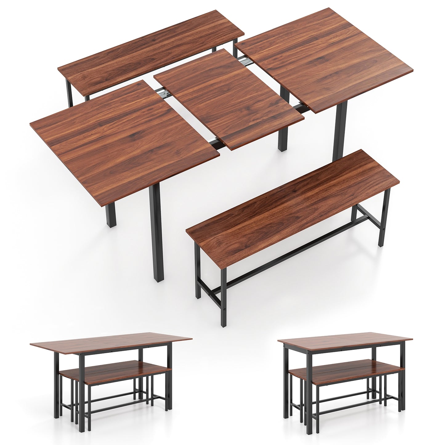 3 Piece Dining Table Set for 4-6 with 2 Benches, Walnut Dining Room Sets at Gallery Canada