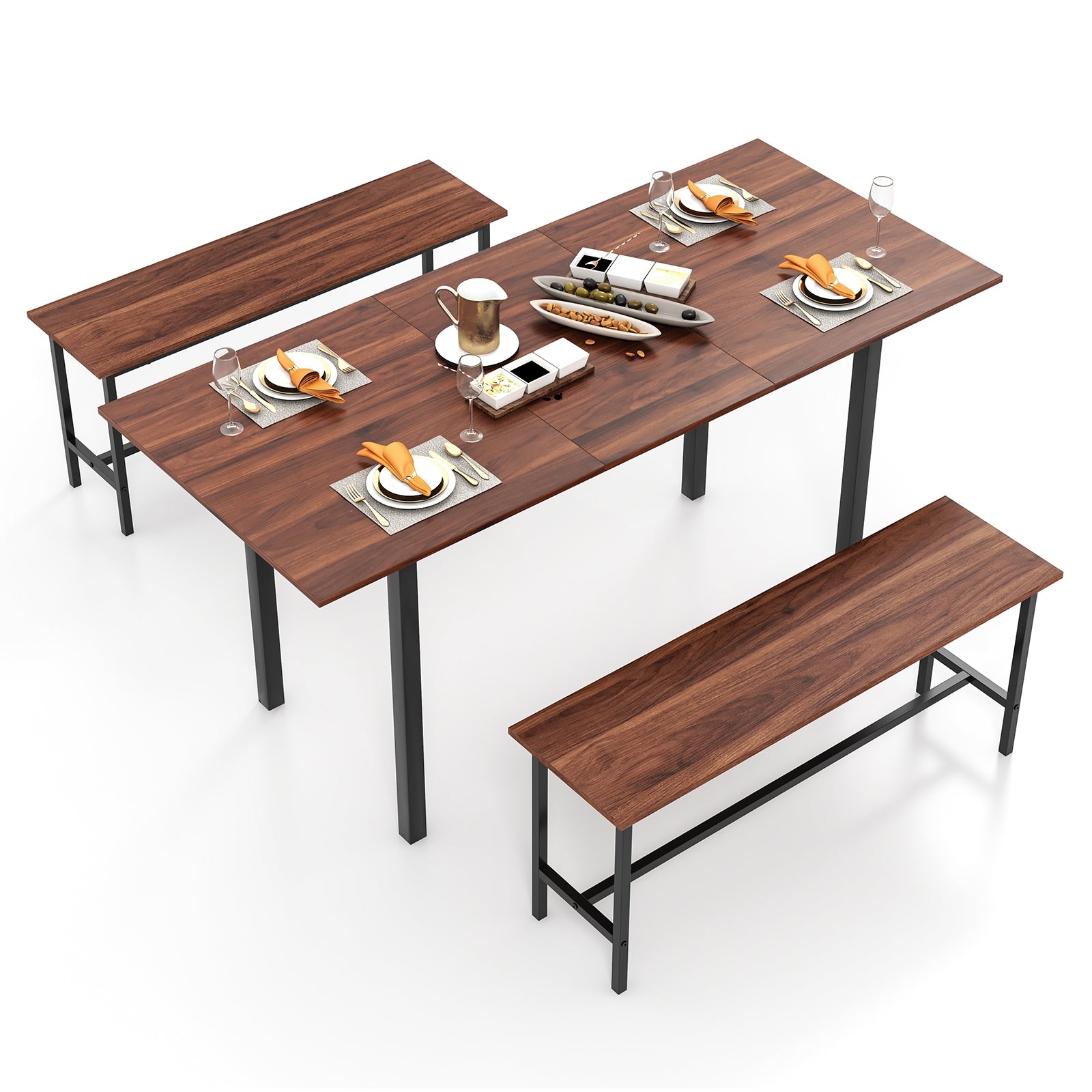 3 Piece Dining Table Set for 4-6 with 2 Benches, Walnut Dining Room Sets at Gallery Canada