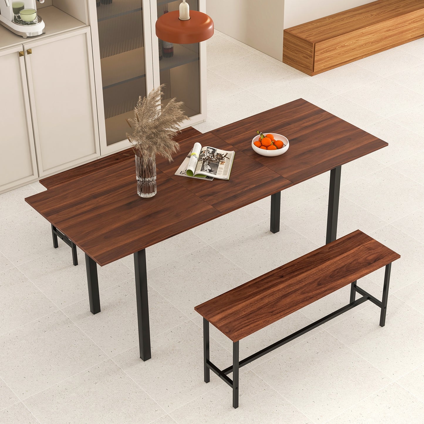3 Piece Dining Table Set for 4-6 with 2 Benches, Walnut Dining Room Sets at Gallery Canada