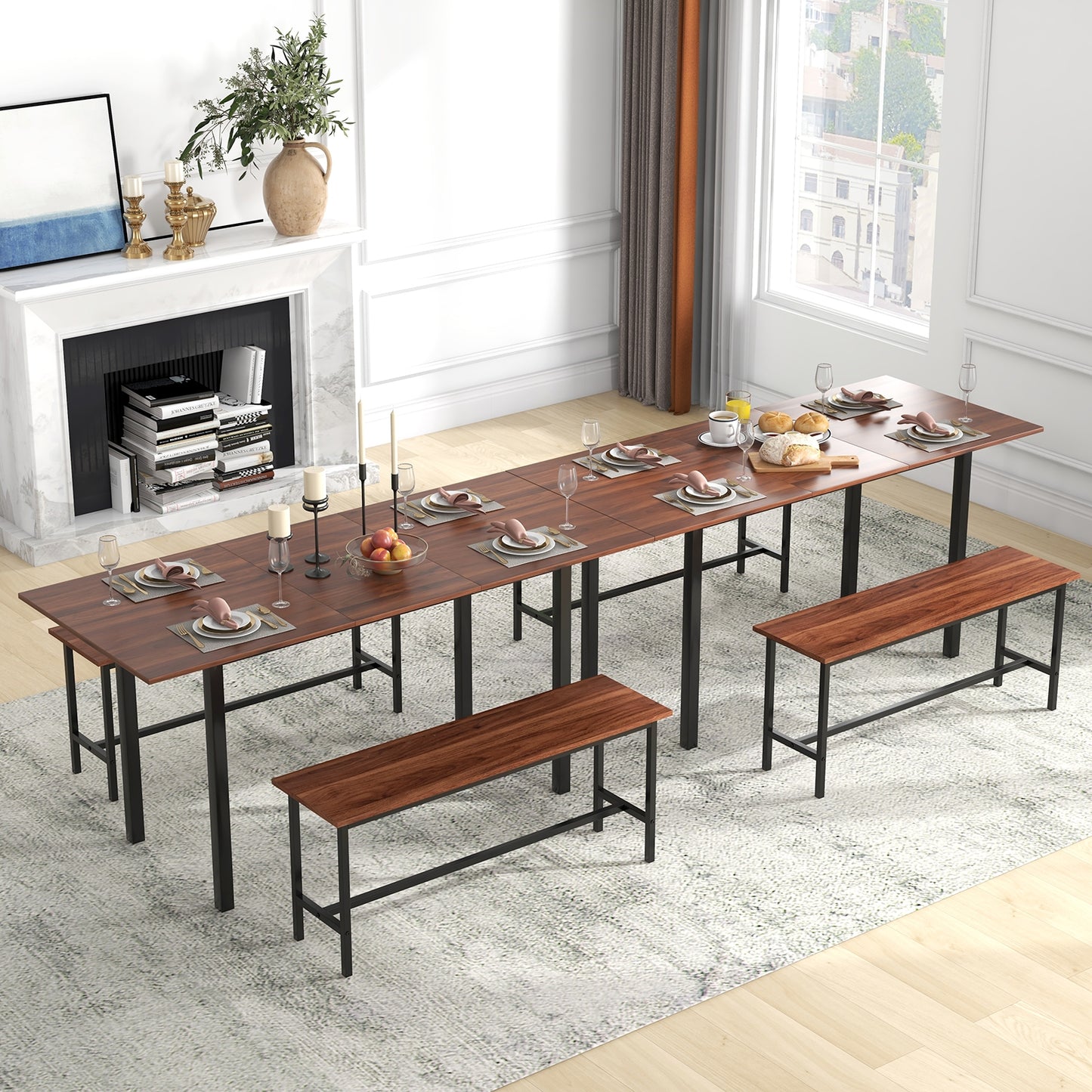3 Piece Dining Table Set for 4-6 with 2 Benches, Walnut Dining Room Sets at Gallery Canada