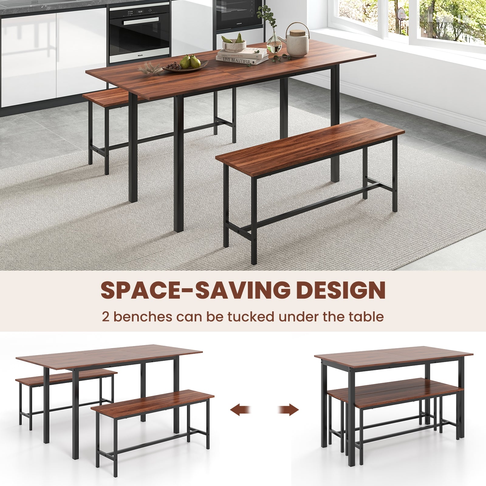 3 Piece Dining Table Set for 4-6 with 2 Benches, Walnut Dining Room Sets at Gallery Canada