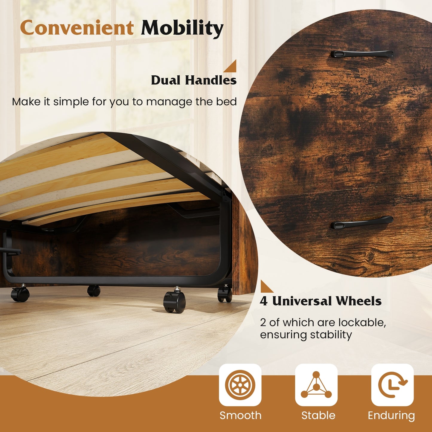 Cot Size Murphy Bed with Foldable Bed and Lockable Wheels, Rustic Brown Folding Beds at Gallery Canada