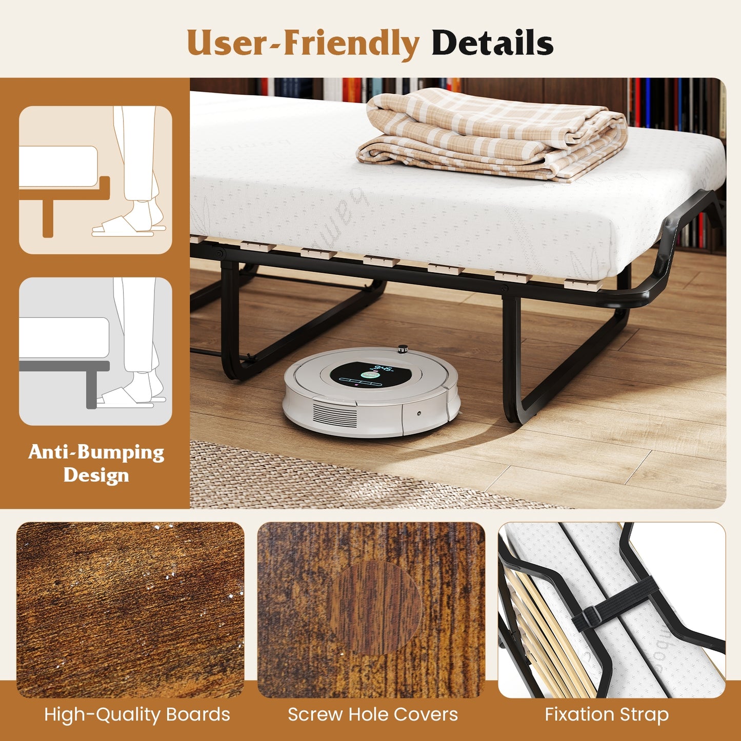 Cot Size Murphy Bed with Foldable Bed and Lockable Wheels, Rustic Brown Folding Beds at Gallery Canada