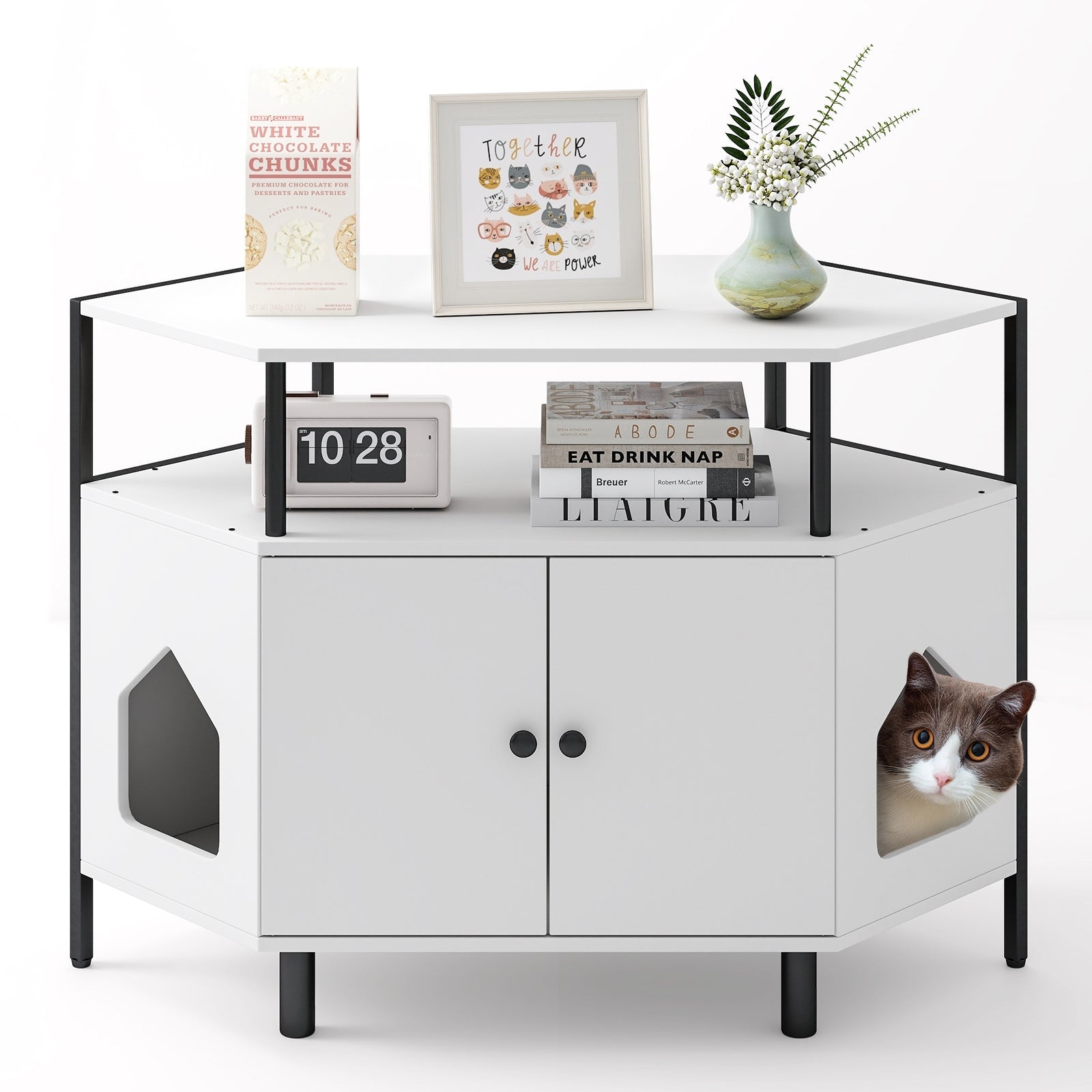 Corner Cat Litter Box Enclosure with Open Shelf 2 Entrances and Metal Legs, White Cat Houses at Gallery Canada