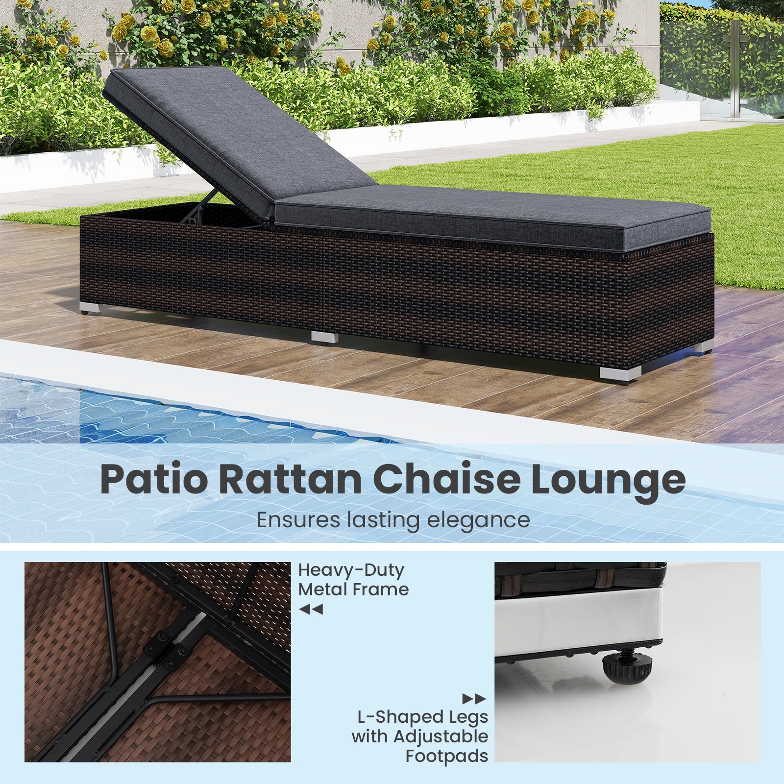 Patio Wicker Lounge Chair with 4-level Backrest and Long Seat Cushion, Brown Outdoor Chaise Lounges at Gallery Canada