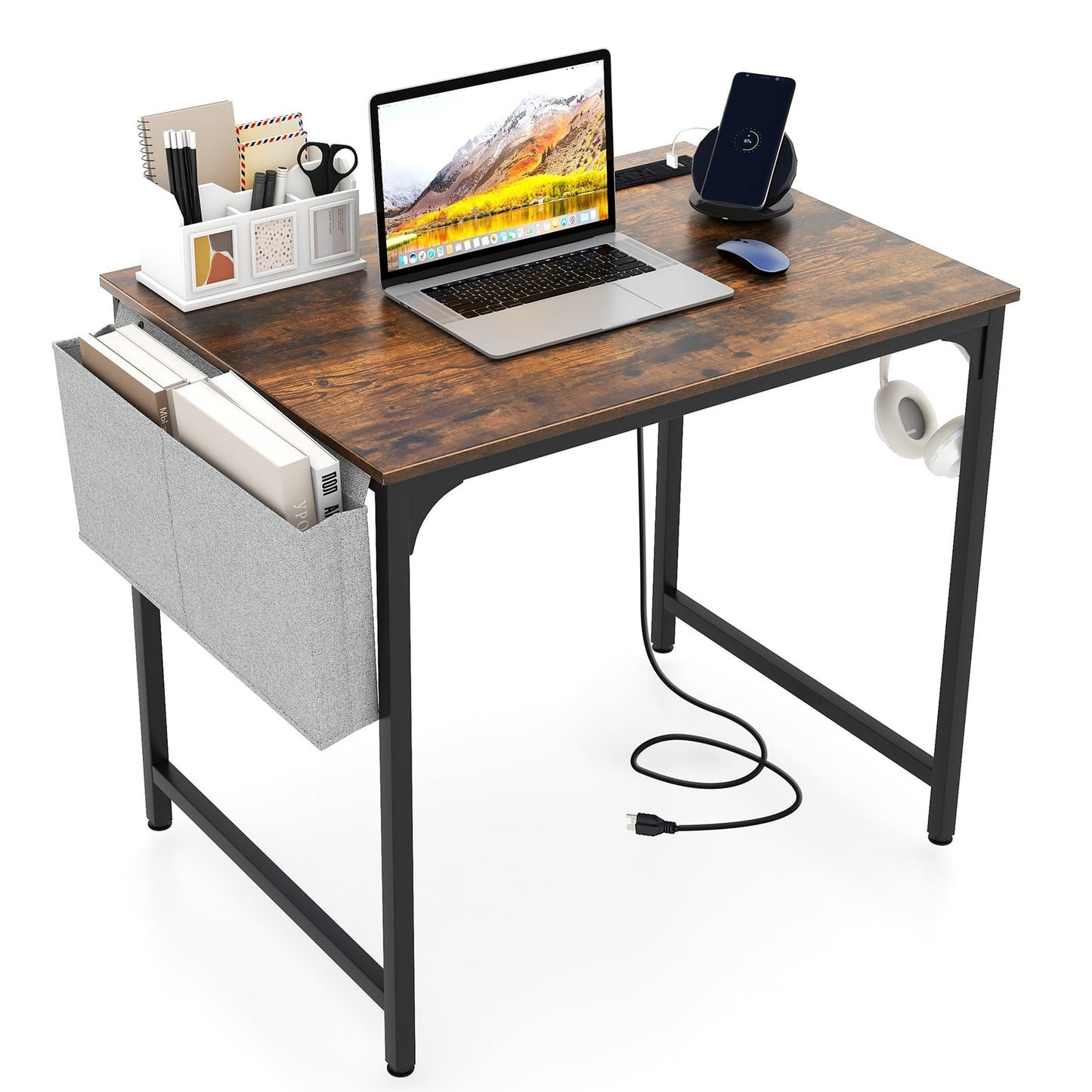 32 Inch Home Office Desk, Charging Station, Storage Bag, Headphone Hook, Rustic Brown Computer Desks at Gallery Canada