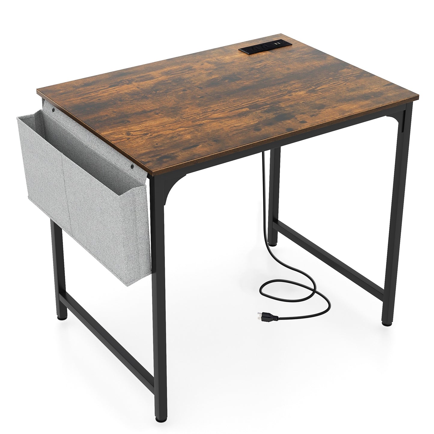 32 Inch Home Office Desk with Charging Station Storage Bag and Headphone Hook, Rustic Brown Computer Desks at Gallery Canada