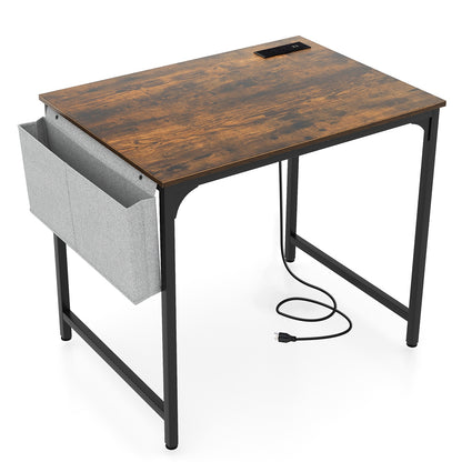 32 Inch Home Office Desk with Charging Station Storage Bag and Headphone Hook, Rustic Brown Computer Desks at Gallery Canada