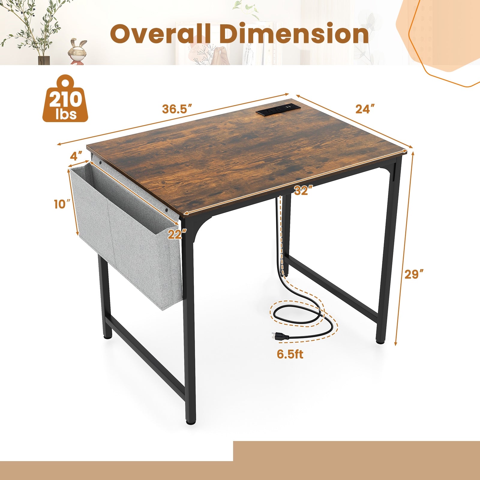 32 Inch Home Office Desk with Charging Station Storage Bag and Headphone Hook, Rustic Brown Computer Desks at Gallery Canada